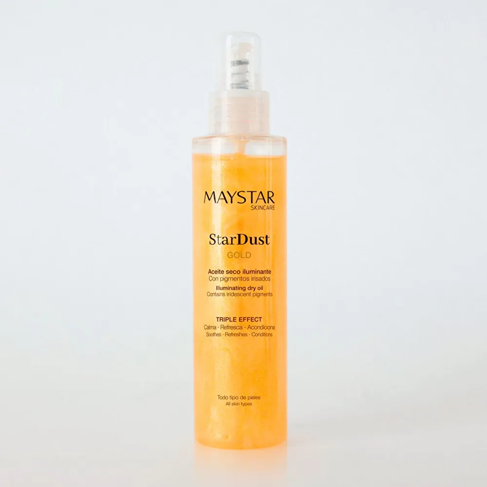 MAYSTAR STARDUST Spindintis sausas aliejus kūnui „AUKSAS“, 200ml MAYSTAR STARDUST Spindintis sausas aliejus kūnui „AUKSAS“, 200ml