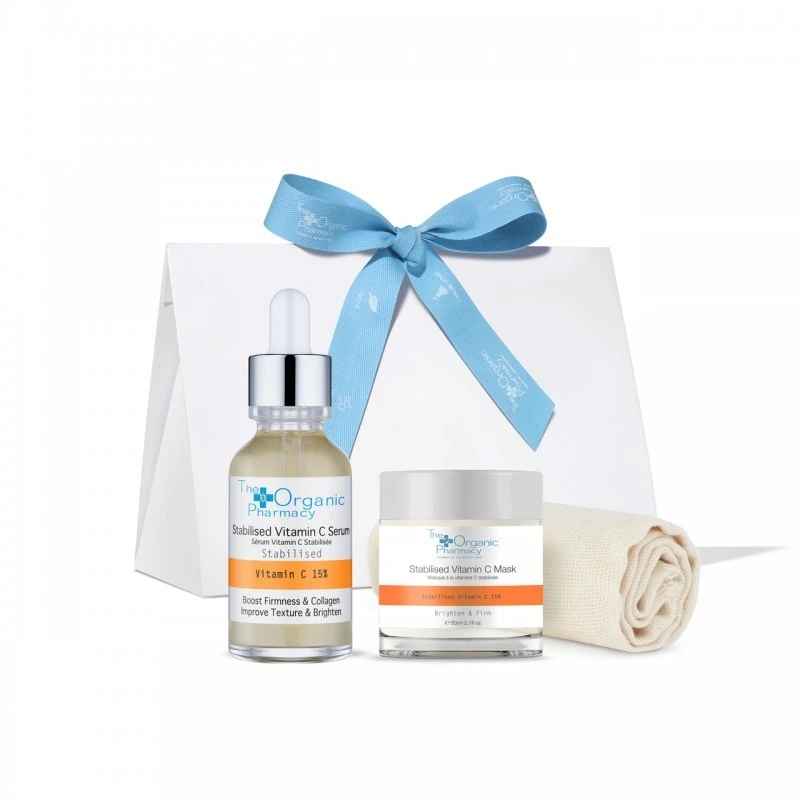 THE ORGANIC PHARMACY Skaistinantis vitamino C serumo ir kaukės rinkinys veidui „Brighten & Glow Kit” su ekologiškos medvilnės servetėle THE ORGANIC PHARMACY Skaistinantis vitamino C serumo ir kaukės rinkinys veidui „Brighten & Glow Kit” su ekologiškos medvilnės servetėle