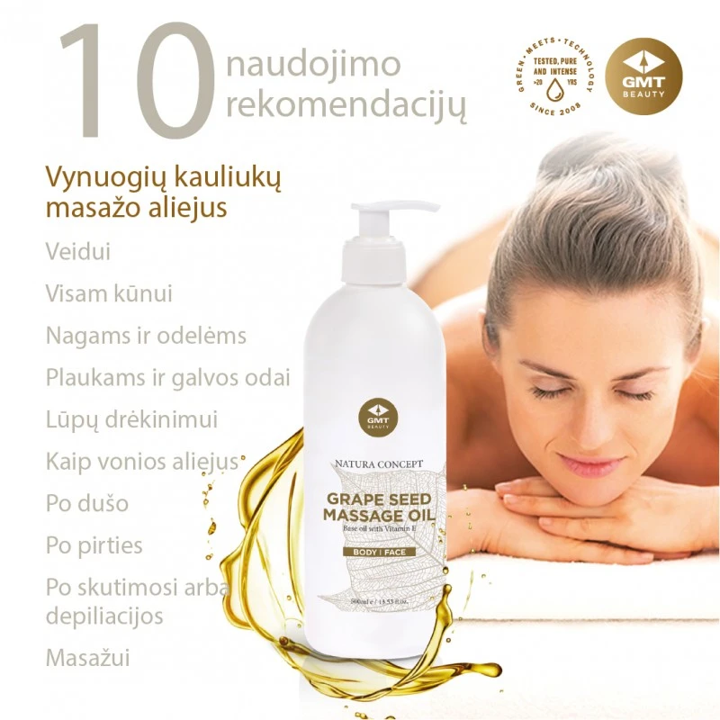 GMT BEAUTY masažo aliejus su vynuogių kauliukais, 500ml GMT BEAUTY masažo aliejus su vynuogių kauliukais, 500ml