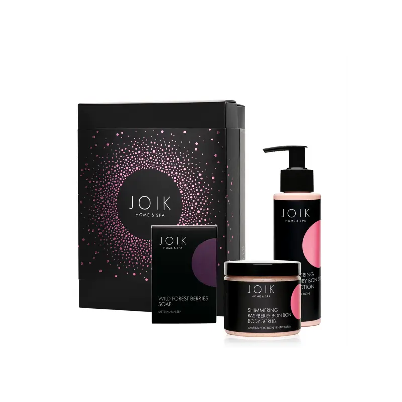 JOIK Blizgesį suteikiantis aviečių kūno priežiūros rinkinys „Rasberry Bon Bon Gift Box” JOIK Blizgesį suteikiantis aviečių kūno priežiūros rinkinys „Rasberry Bon Bon Gift Box”