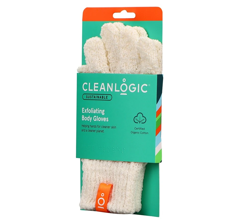 Cleanlogic Sustainable Exfoliating Body Gloves šveičiamosios kūno pirštinės Cleanlogic Sustainable Exfoliating Body Gloves šveičiamosios kūno pirštinės
