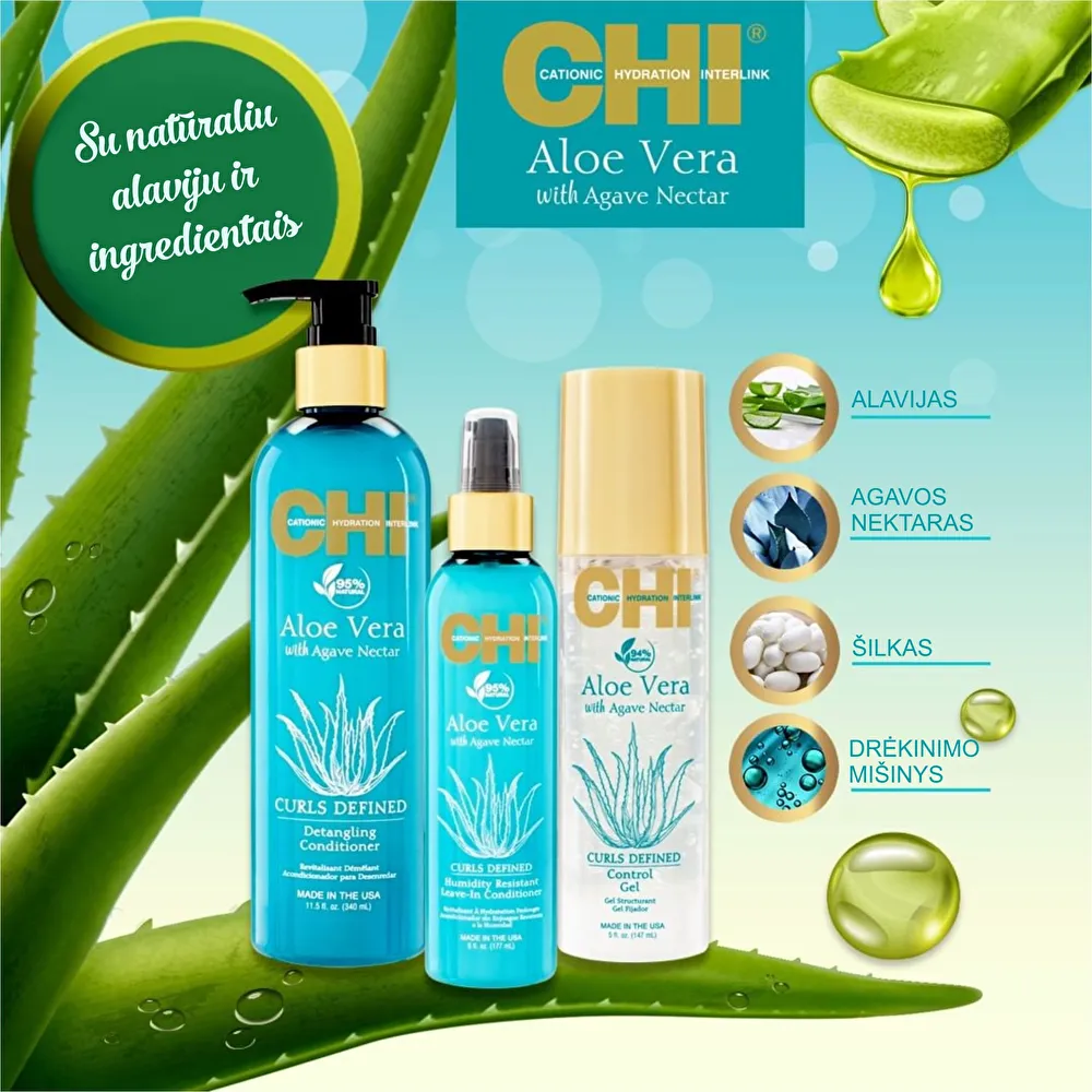 CHI ALOE VERA Garbanas išryškinantis purškiklis su alavijais ir agavų sultimis CHI ALOE VERA Garbanas išryškinantis purškiklis su alavijais ir agavų sultimis