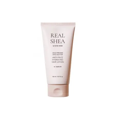 Rated Green REAL SHEA Nenuplaunamas kondicionierius besipučiantiems plaukams „Cold Pressed Shea Butter Anti-Frizz Hair Lotion“, 150 ml