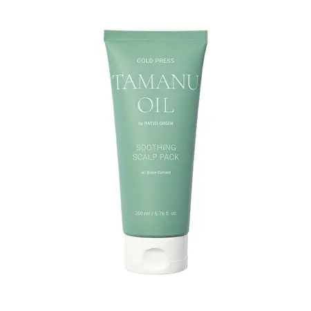 Rated Green TAMANU OIL Raminanti plaukų kaukė „Cold Press Tamanu Oil Soothing Scalp Pack with Black Currant“, 200 ml	