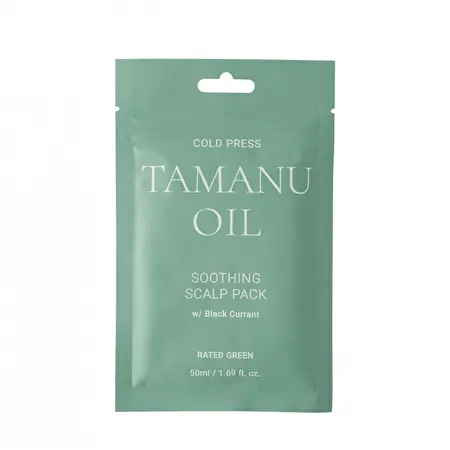 Rated Green TAMANU OIL Raminanti plaukų kaukė „Cold Press Tamanu Oil Soothing Scalp Pack with Black Currant“, 50 ml
