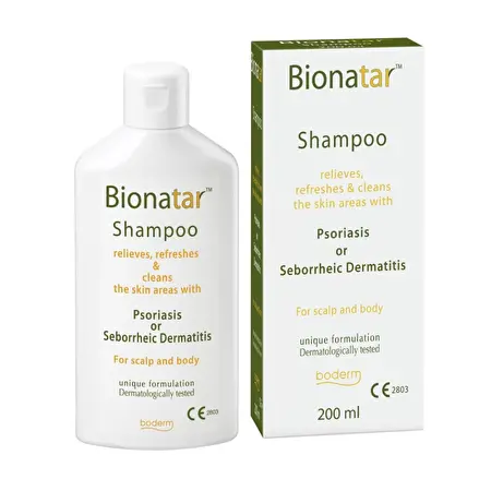 BODERM Šampūnas „BIONATAR“ psoriazės ir seborėjinio dermatito požymiams lengvinti, 200 ml